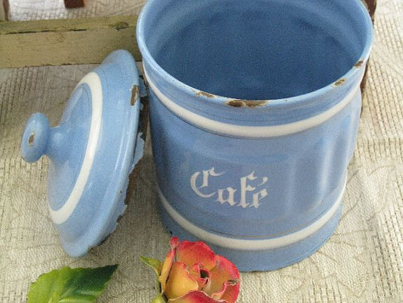 Vintage Sky Blue Cafe Canister Collectible French Enamelware